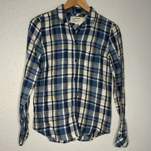 NEW Current / Elliot 100% Linen Picnic Plaid Slim Boy Shirt Blue Summer Vacation - Picture 2 of 8